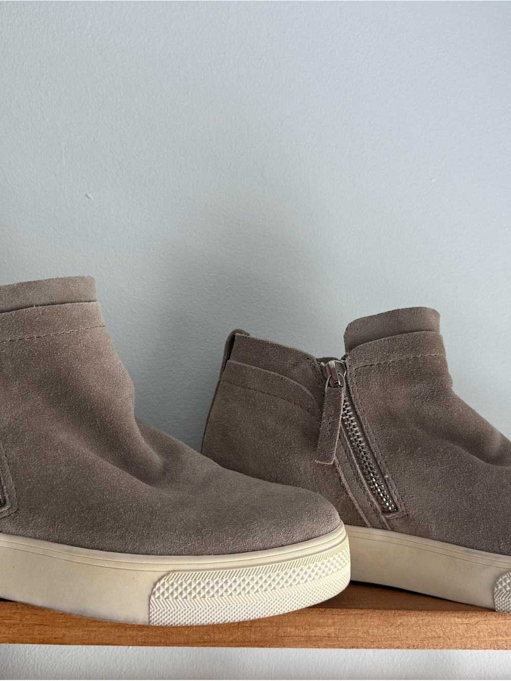 DV by Dolce Vita Taupe Suede Zip-Front Slip-On Sneaker Heels